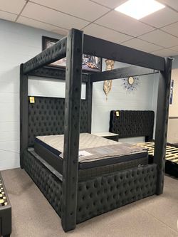 Black velvet queen canopy bed frame