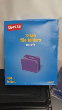File Folders, 3 Tab, Letter, Purple, 100/Box