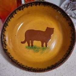 Ned Foltz Redware Pottery Cat Design Bowl Signed & Dated 1994