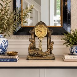 Vintage 1970s Quartz Pendulum Clock With Woman Reading Book Mantle Table Decor WORKS! Bronze Style  