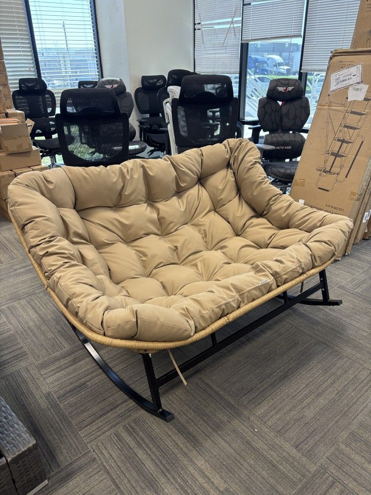 Patio Papasan Rocking Chair for 2, Indoor Outdoor Double Egg Recliner Rocker w/Padded Cushion, Large Wide Oversized 700 Lbs Rattan Lounge Glider for L