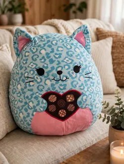 Large Squishmallow Cat Plush - Blue Leopard Caitroina with Heart Chocolates