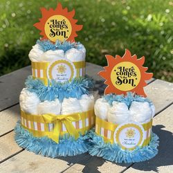 HERE COMES THE SON Sunshine baby shower diaper cakes