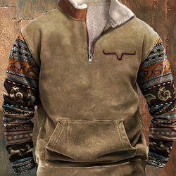 Herren-Sweatshirt Mit Fleece-Futter Und Halbem Reißverschluss Und Stehkragen Für Herren, Retro-Ethno-Sweatshirt Für Winter Und Herbst, Langarm-Obertei
