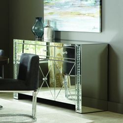 Brand New Large Clear Mirror Accent Cabinet with Bling Detailing