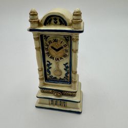 Vintage Limoges France Style Porcelain Grandfather Clock Trinket Box 