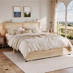 Full Platform Bed Frame with Natural Rattan Headboard
Bed Frame Full Size with 2 Storage Drawers for Bedroom, Sturdy Wooden Slat Support, No Box Sprin