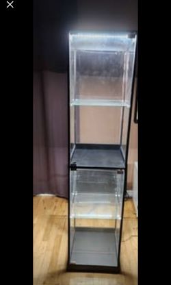 WEQUB Display Cabinet with 2 Glass Doors and 4 Tier Shelf, BlackDisplay Cabinet with 2 Glass Doors. Black Glass Display Case with Motion Sensor LED Li