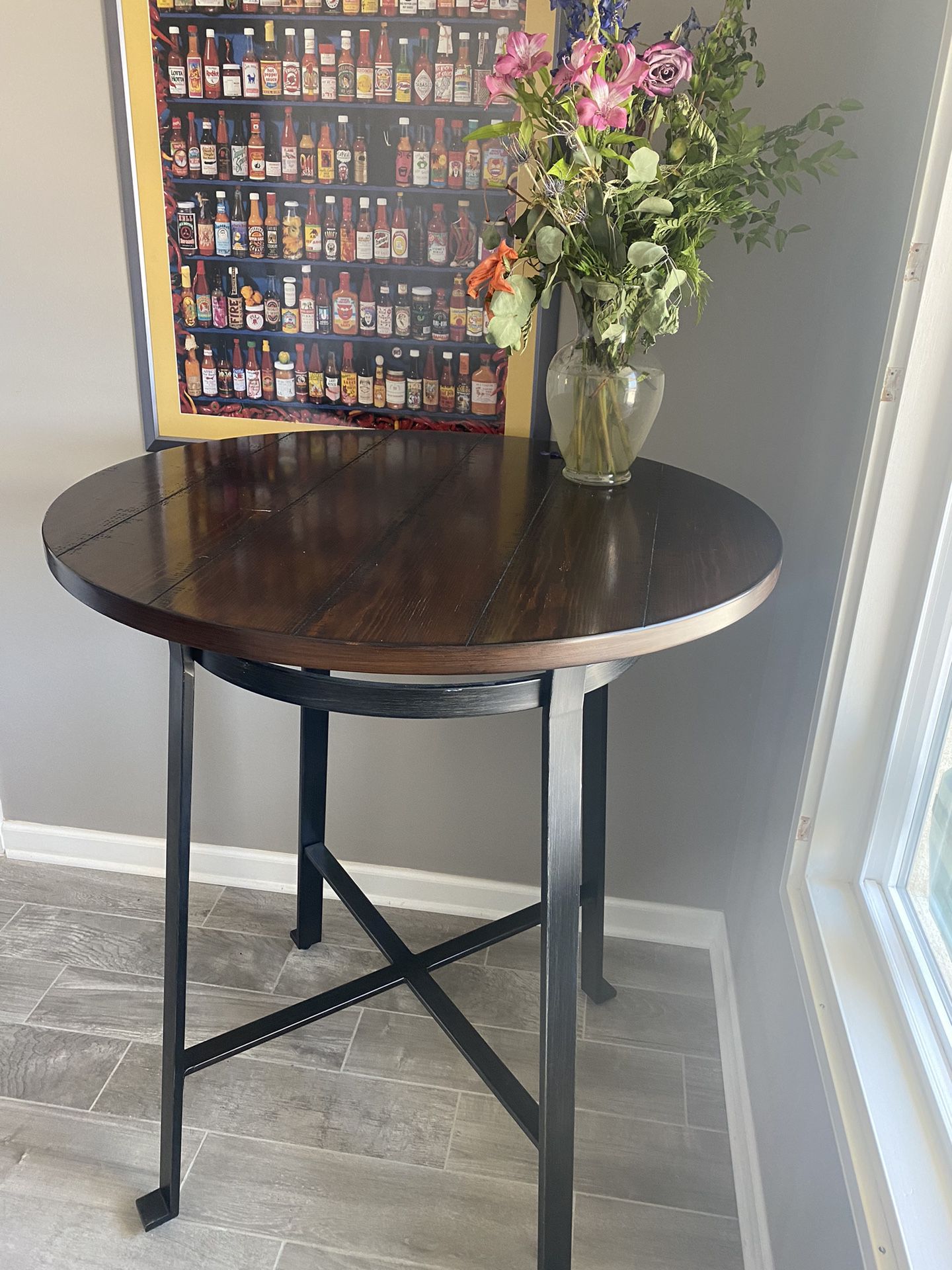 Tall Table With Matching Metal Chairs 
