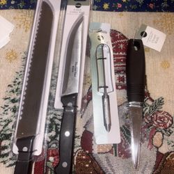 4 Knife Lot Kitchen Knives Bread Oyster Vegetable Peeler Utility Knife New