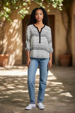 Anthropologie Sanctuary Rayon Blend Striped Stretch Blouse Tunic with Tabbed Sleeves Size Small