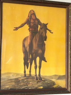 Vintage Framed Native American on Horseback Print