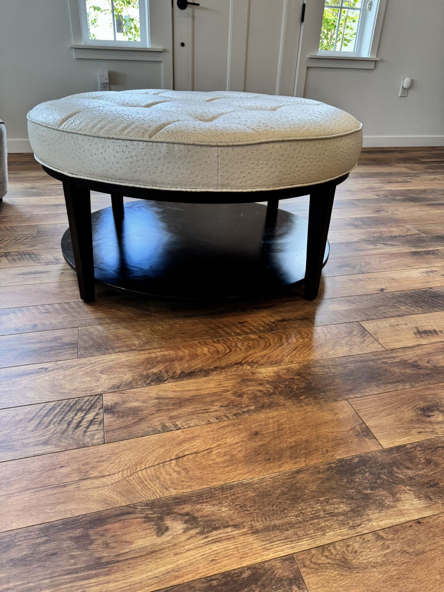 Custom Round Ottoman — Cream Ostrich-Look Upholstery & Dark Wood Base
