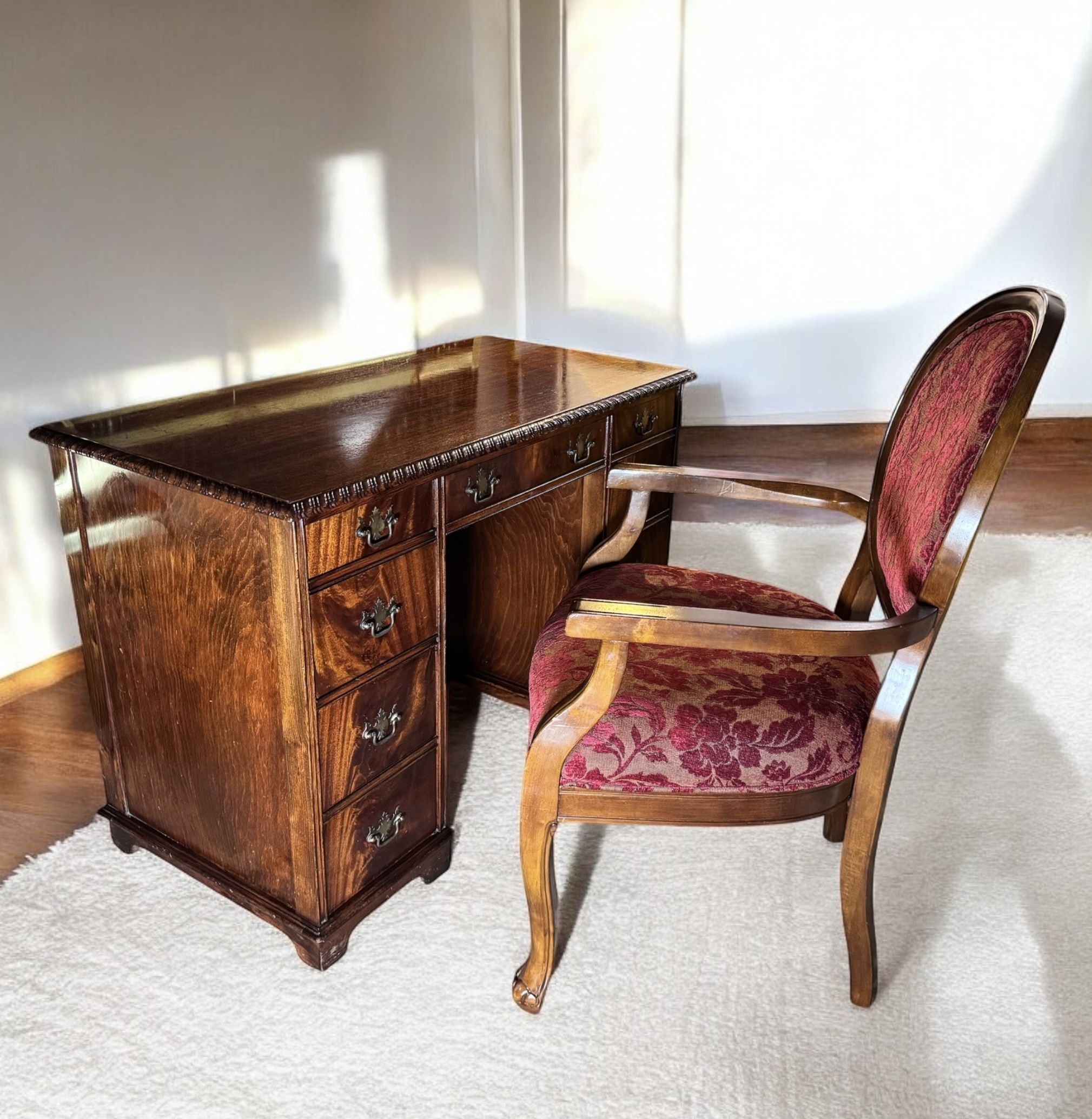 Vintage Light Flame Mahogany Double Pedestal American Desk with Chair