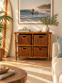 Bamboo storage chest dresser brown boho