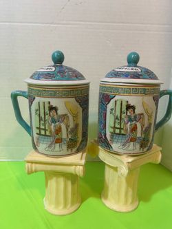 Vintage Chinese Famille Rose Porcelain Tea Mugs with Lids – Pair-$40 CASH