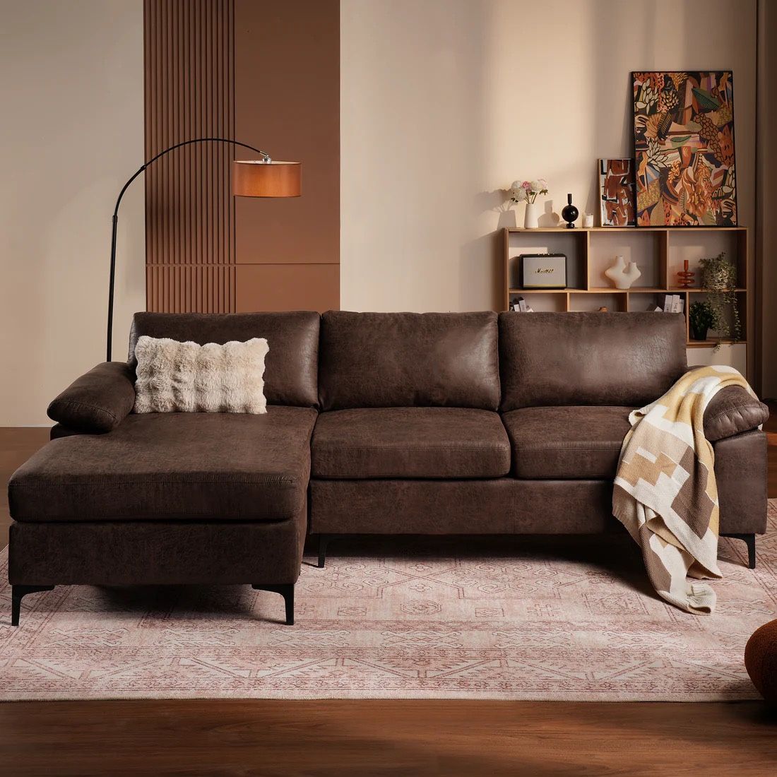 L Shaped Couch with Reversible Chaise Living Room Couch Modern Sofa Set,Suede Fabric Dark Brown