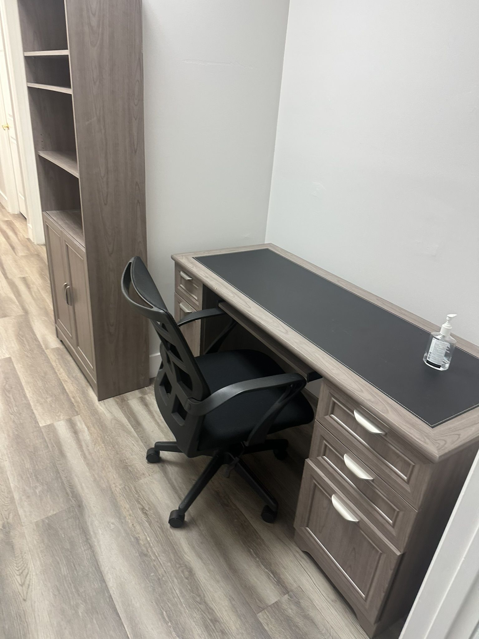 Office Desk, Filing Cabinet, And Tall Storage Cabinet
