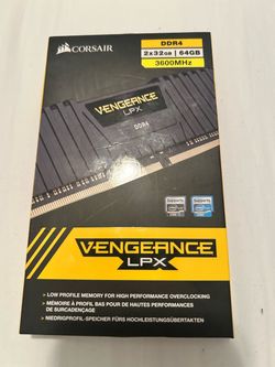 memoria RAM Corsair Vengeance LPX de 64GB (2 x 32GB) con una velocidad de 3600MHz y tecnología DDR4.