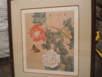 Original l Silk Painting -Framed Peonies and Butterfly