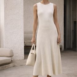 Massimo Dutti Ivory White-Off Stretch Rib Knit Midi Dress Sleeveless A-Line Sz L