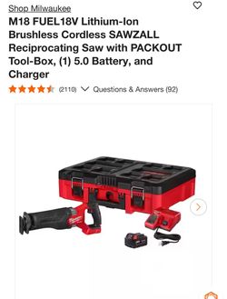 M18 FUEL18V Lithium-Ion Brushless Cordless SAWZALL Reciprocating Saw with PACKOUT Tool-Box, (1) 5.0 Battery, and Charger