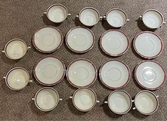 Czechoslovakia Vintage China 2 Handled Footed Cream Soup Bowls With Plates