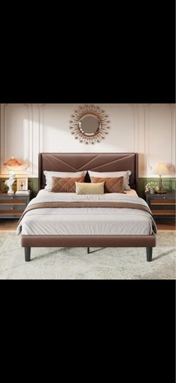 Brown Faux Leather Upholstered Platform Bed Frame
