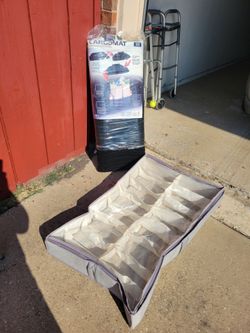 Shoe organizer for underbed and new cargo mat for groceries in car