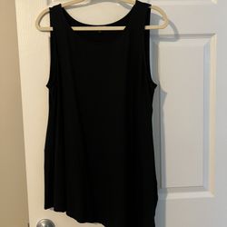 Eileen Fisher Bateau Round Neck Sleeveless Tunic Top Large Asymmetrical Black   Measurements approximate.  Bust 39 unstretched  shoulder to hem short 