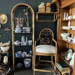 Vintage Wicker Shelf And Bamboo Chair 