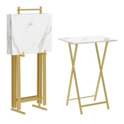 Folding TV Tray Tables, Set of 4 TV Trays with Storage Rack, Industrial Side Table for Eating at Couch, Foldable Snack Table for Small Space, Easy Ass