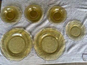 Amber Depression Glass Plates and Bowls Set
