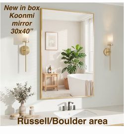 New in box Koonmi Gold Mirrors for Wall, 30x40 Inch Bathroom Mirror, Rectangular, Hangs Horizontally or Vertically. Russell/Boulder area