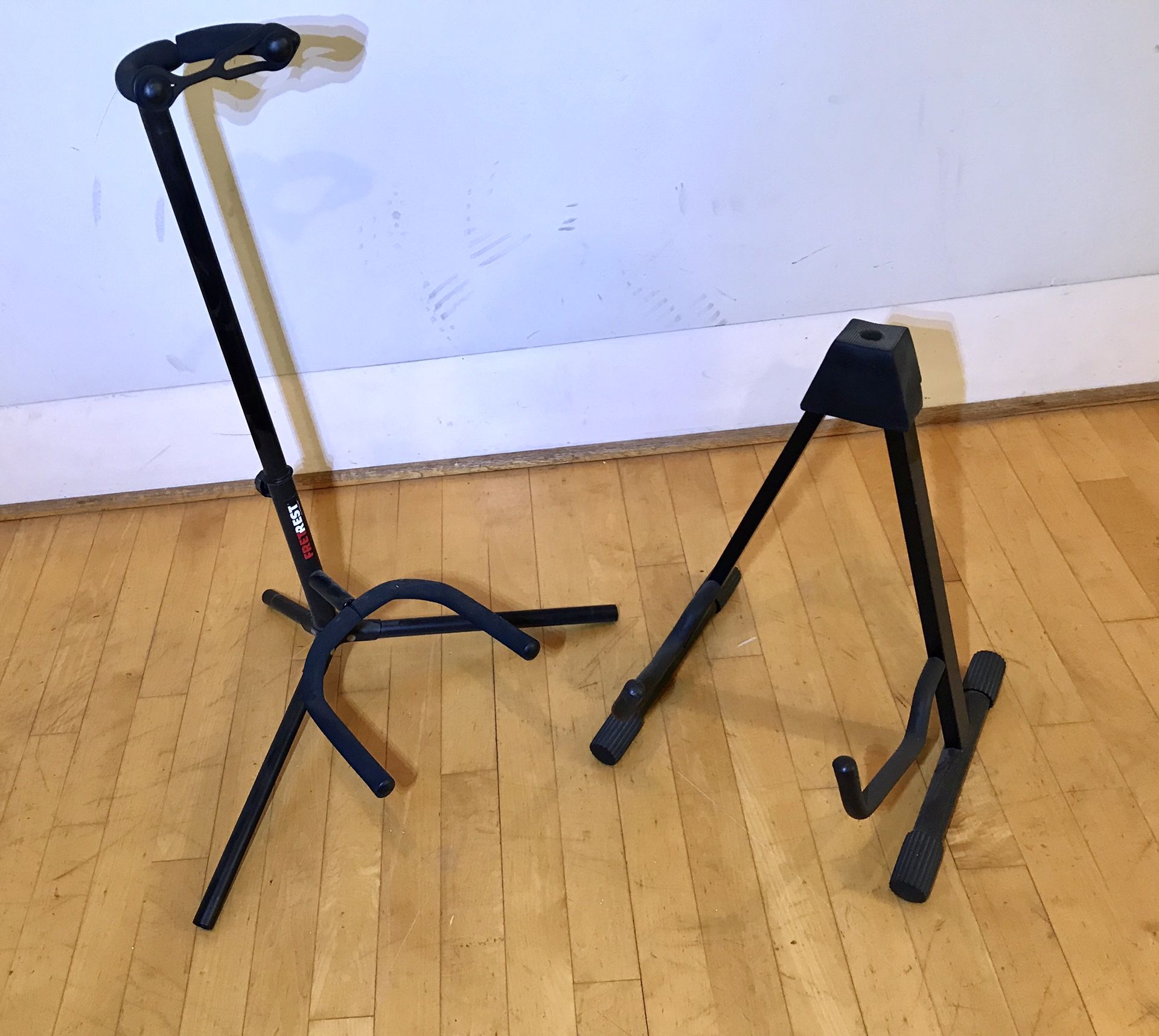 2 guitar stands fretrest by proline & musicians gear both in good working order $35 in Ontario 91762 or trade for drum throne or cymbal or snare or N