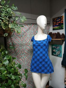 Almost Famous Blue & Black Checkered Off Shoulder Top, Size L