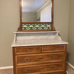 Marble Topped Antique Chest Of Drawers With Tile Decorated Mirror