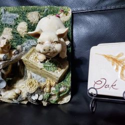 Decorative Coaster (4) With Names Of Leaves & Cute Pigs Wall Art