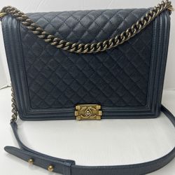 Chanel Boy Flap Bag Maxi Large Quilted Navy Blue Caviar