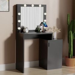 Black Vanity Desk with Charging Station, Makeup Vanity Desk with Mirror and Lights, Vanity Table for Bedroom, Living Room