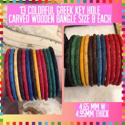 13 Colorful Carved Greek Key Hole Wooden Bangles