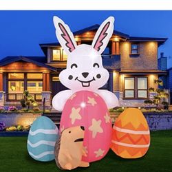 Easter Inflatables Decoration 5FT Outdoor Bunny Colorful Egg & Hedgehog Blow Up Yard Decoration Clearance with LED Lights