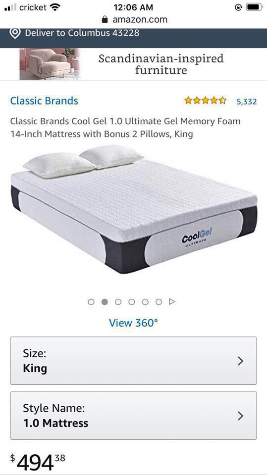 14 inch cool gel memory foam mattress king size $300, cal king $285, queen $275