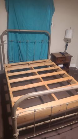 Vintage Metal Bed Frame with Wood Slats