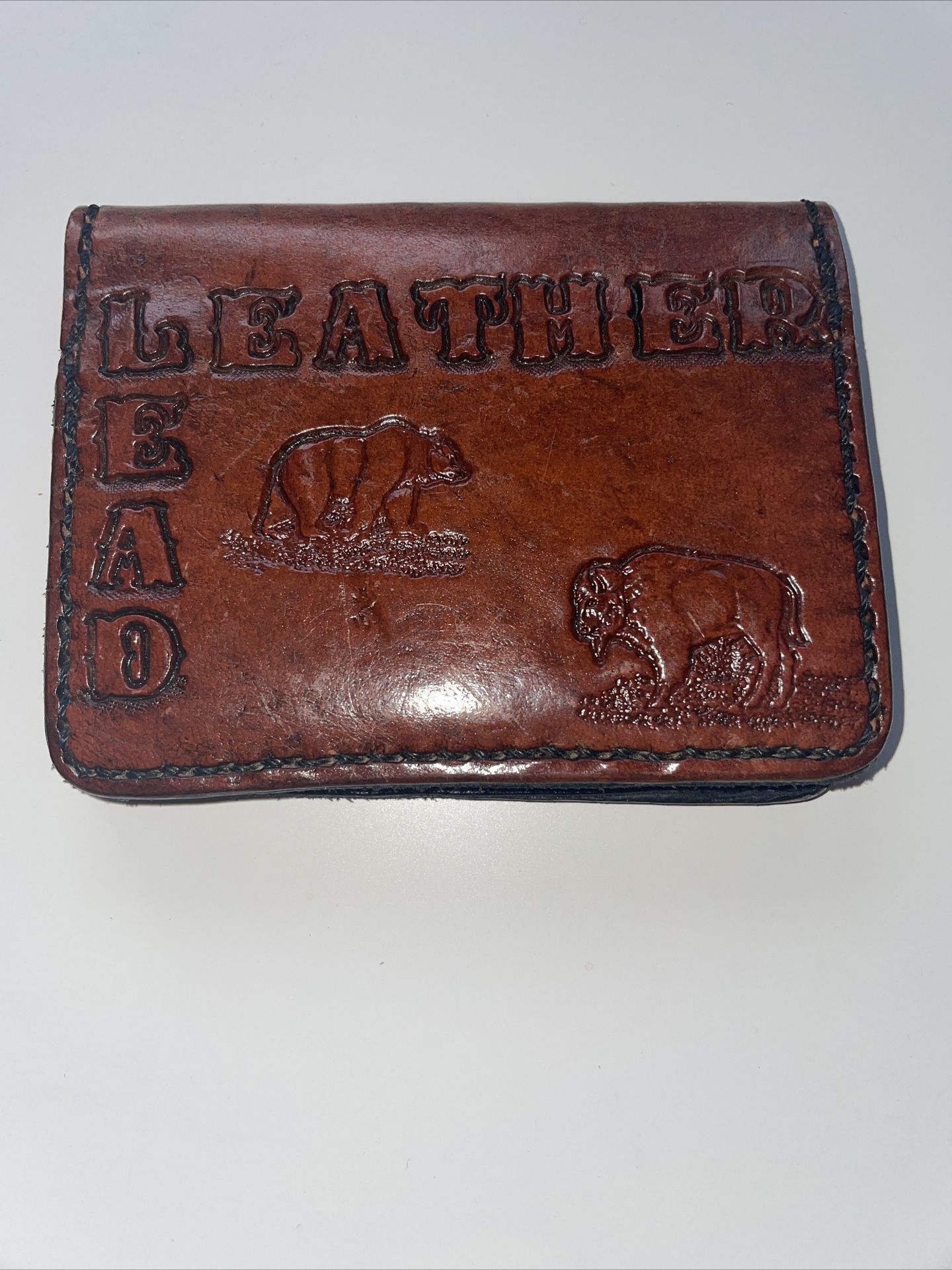Handmade Vintage Brown Genuine Leather Wallet Bifold Animal Engraving USA VTG