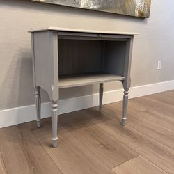 Antique Greige Desk Solid Wood Side Table w/ Storage Shelf & Pull Out Shelf- Fluted Legs