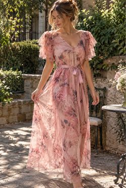 Candalite Blush Pink Floral Mesh Maxi Dress Size Small Romantic Fairycore Flutter Sleeve NWT