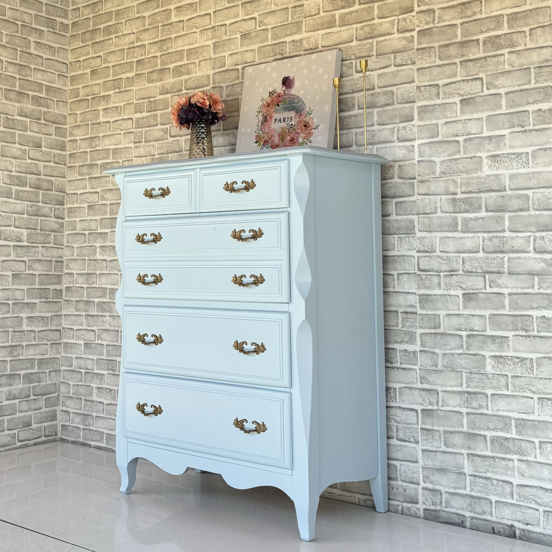 blue shabby chic dresser Vintage Blue Hand Painted Wooden Dresser With Floral Motifs... M(36"Wx16"Dx30"H) / Bone-like