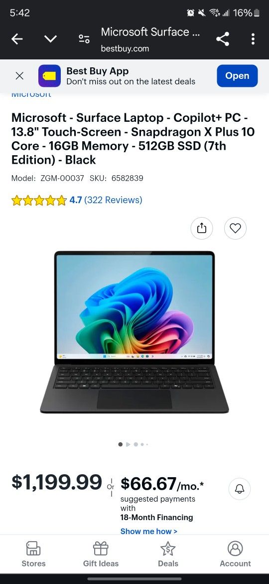 Microsoft - Surface Laptop - Copilot+ PC - 13.8" Touch-Screen - Snapdragon X Plus 10 Core - 16GB Memory - 512GB SSD (7th Edition) - Black