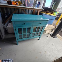 Teal Wood Cabinet with Glass Doors